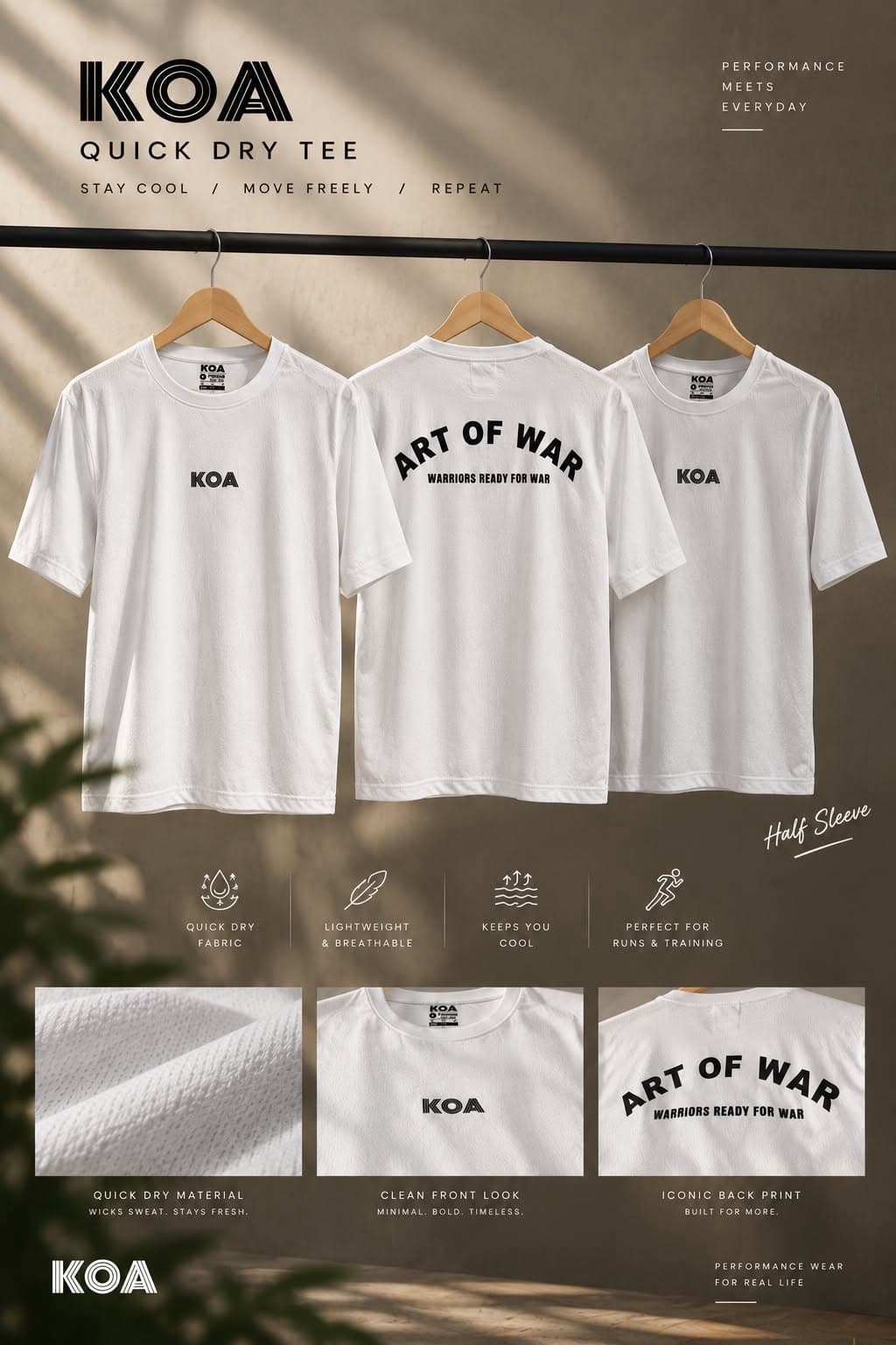 Three white KOA Quick Dry half-sleeve tees on hangers, front logo and “Art of War” back print, with fabric close-ups